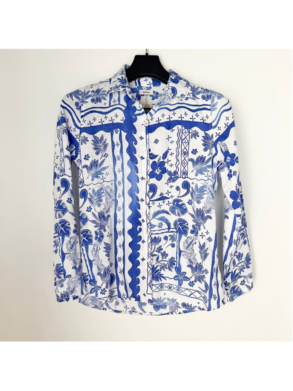 Joie Blue & White 100% Linen Tropical Floral Button Down Shirt Size Small Beachy